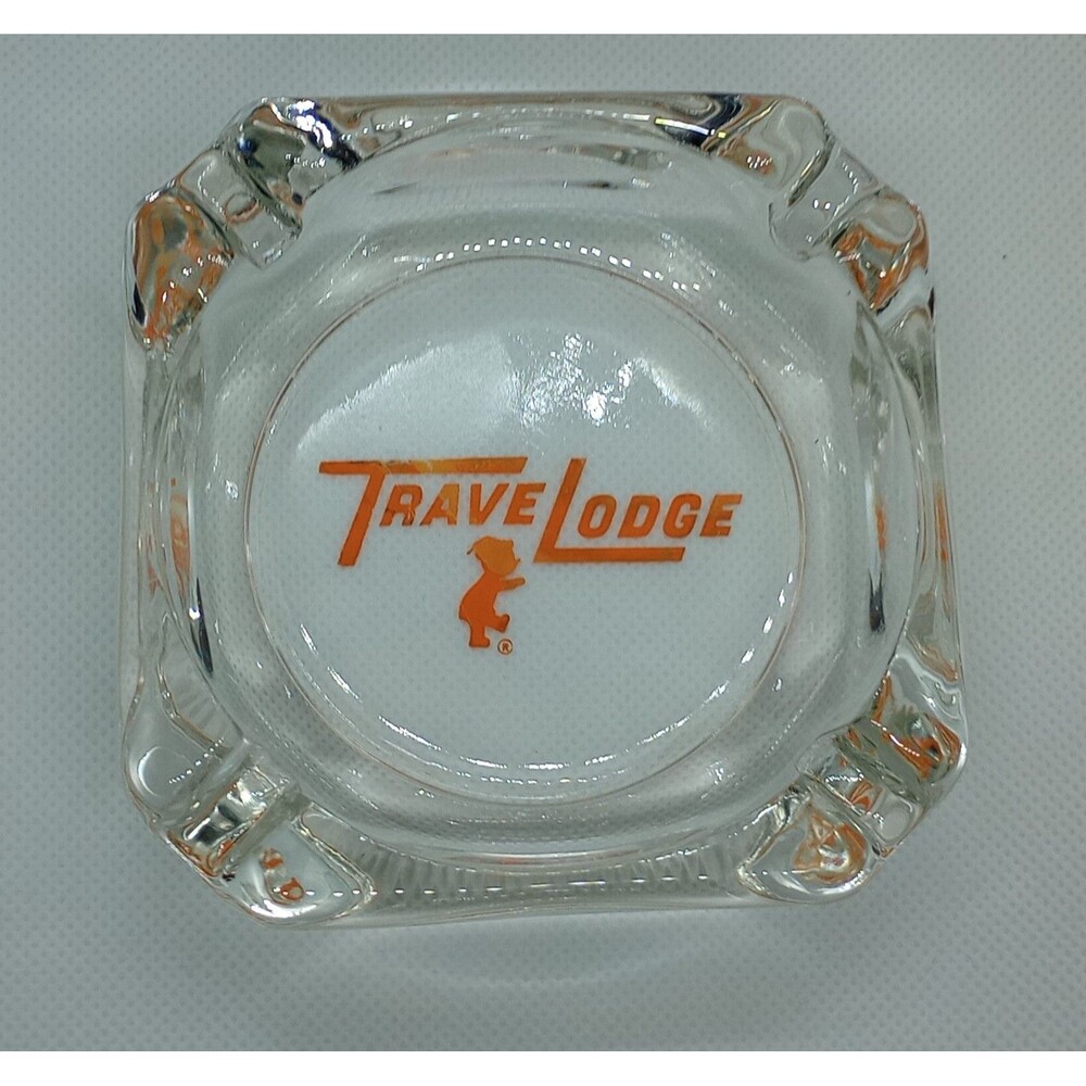 Vtg TraveLodge Square Glass Ashtray - Motel 3.5" Travel Lodge Sleepy Bear Logo
